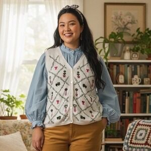 CST‎ Studio Womens 3X White Embroidered Topiary Garden Sweater Vest Cottagecore